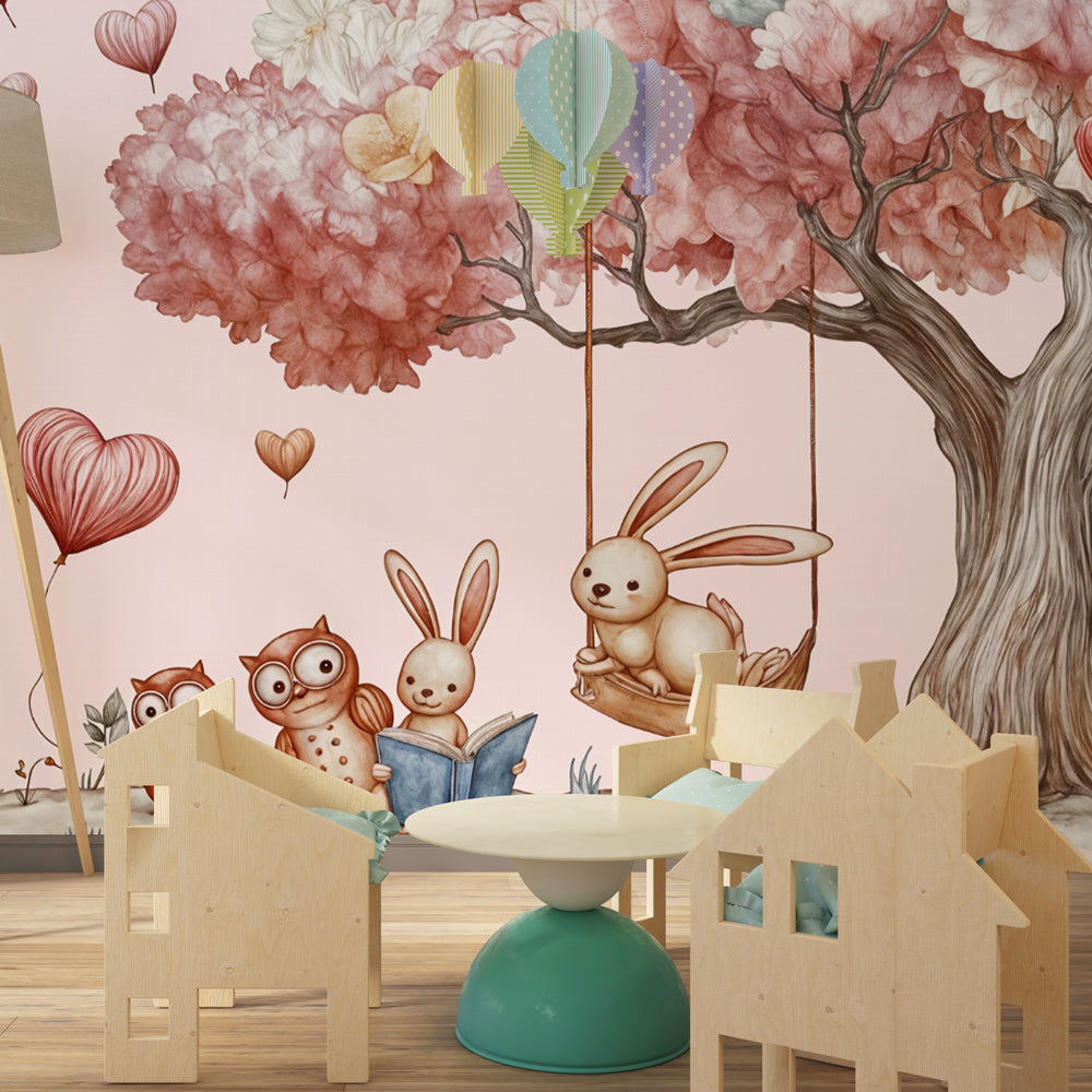 Whimsical tree wallpaper creating magical children's bedroom atmosphere with heart balloons