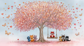 Detailed enchanted tree mural wallpaper design pattern with cute animals and swing by Kids-Mundo
