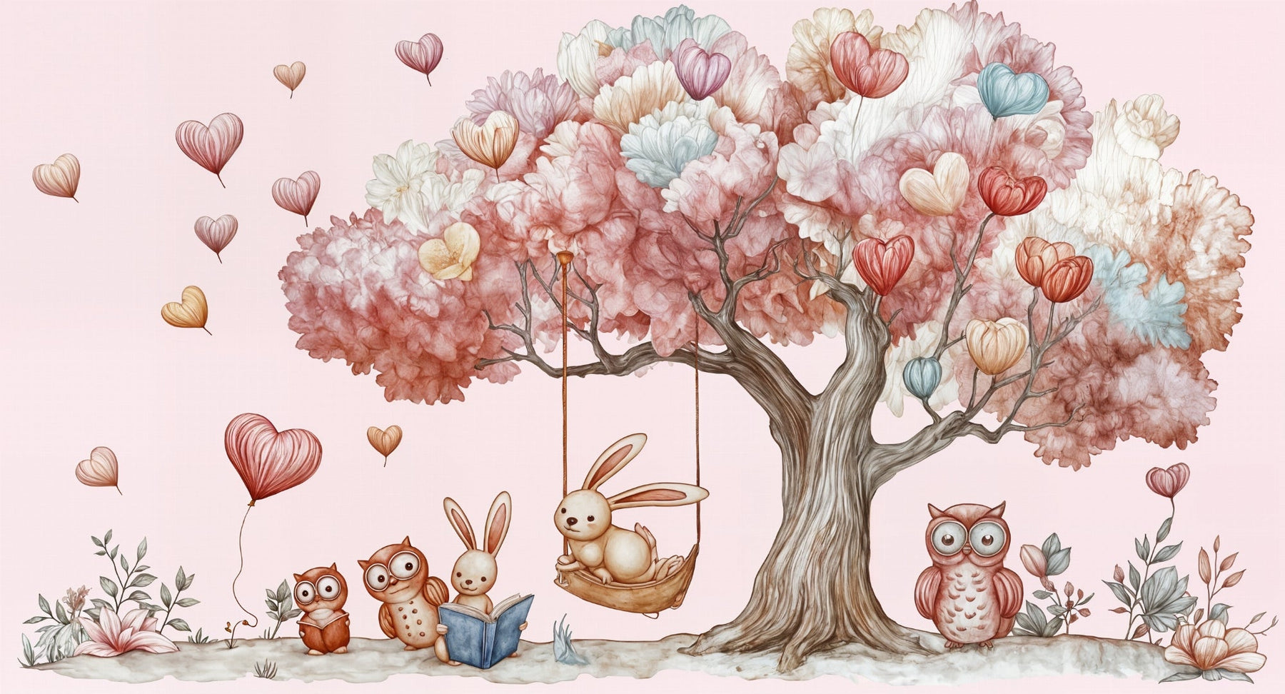 Detailed enchanted tree mural wallpaper design pattern with animals and heart balloons by Kids-Mundo
