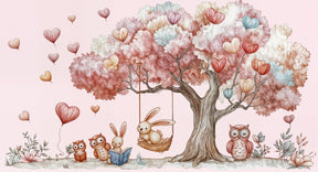 Detailed enchanted tree mural wallpaper design pattern with animals and heart balloons by Kids-Mundo