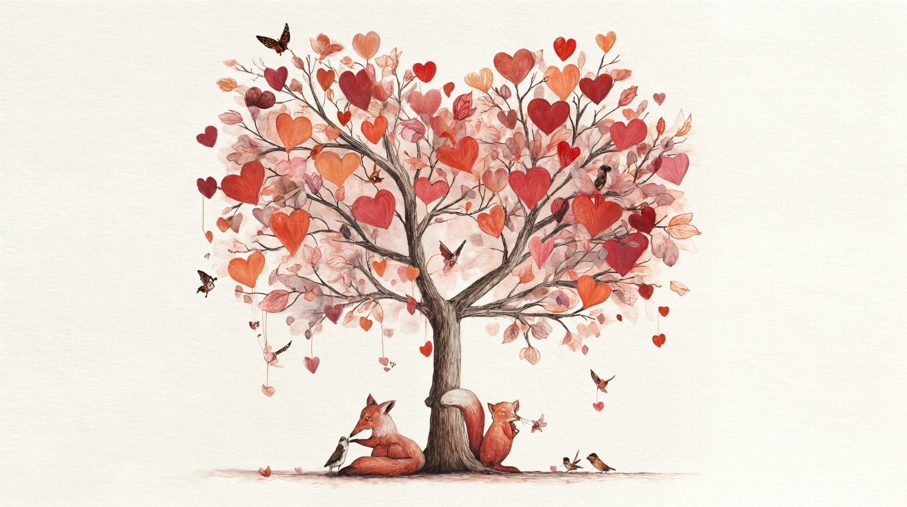 Detailed enchanted tree mural wallpaper design pattern with hearts, foxes and birds by Kids-Mundo