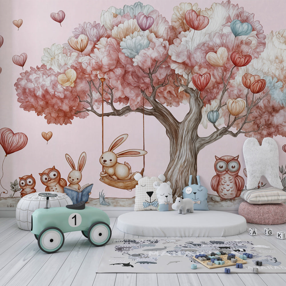 Fantasy woodland mural wallpaper transforming kids playroom into enchanted forest space