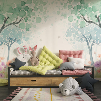 Kids-Mundo enchanted forest wall mural behind a bed in a calm kids' bedroom