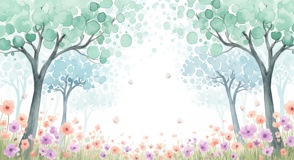 Kids-Mundo flat artwork of the watercolour forest with flowers used for the wall mural
