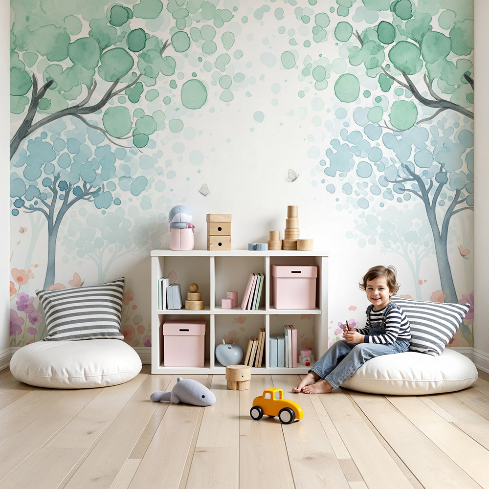 Kids-Mundo watercolour forest wall mural styled above a cot in a soft, dreamy nursery