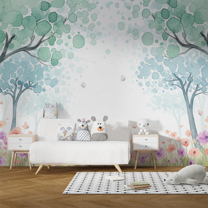 Kids-Mundo watercolour forest wall mural bringing gentle woodland calm to a playroom