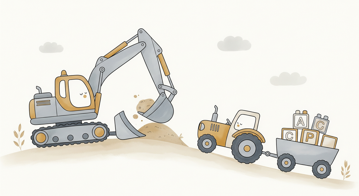 Excavator and Alphabet Block Tractor Wall Mural