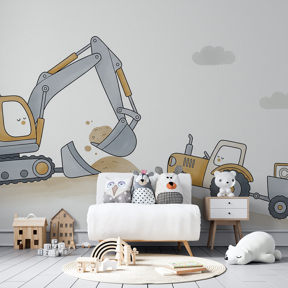 Kids-Mundo excavator and alphabet tractor wall mural brightening a busy playroom wall.