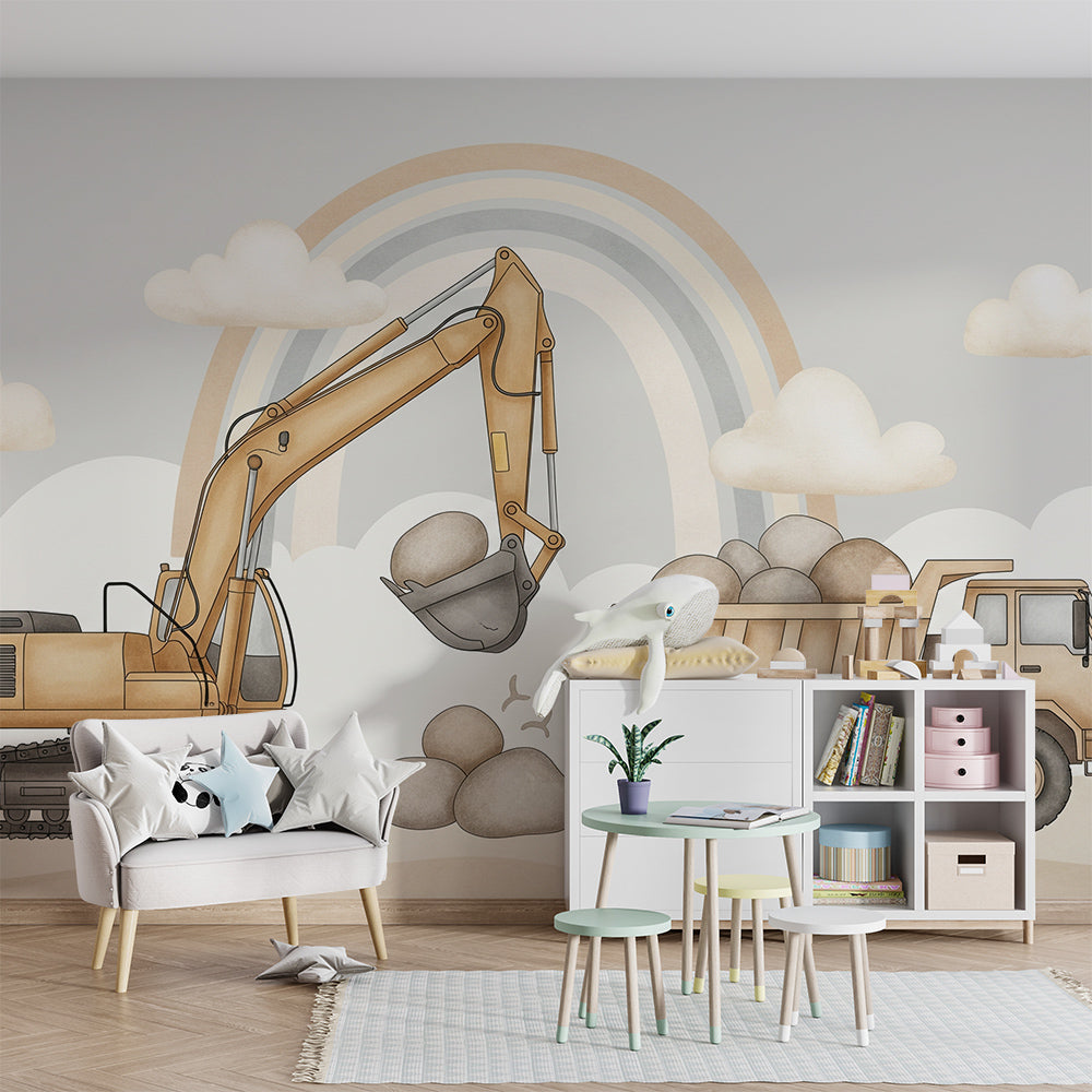 Kids-Mundo digger wall mural covering a kids bedroom wall next to a grey toy chest.