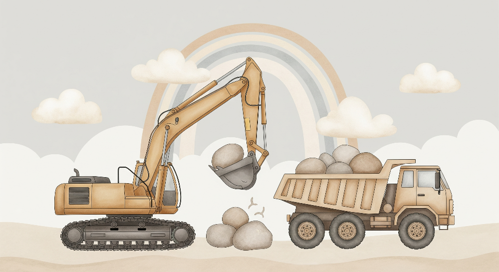 Excavator Loading a Dump Truck Wall Mural