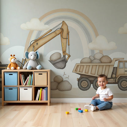Kids-Mundo excavator and dump truck wall mural in a nursery with a white cot and soft rug.