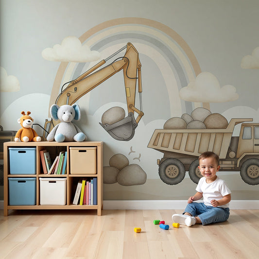 Kids-Mundo excavator and dump truck wall mural in a nursery with a white cot and soft rug.