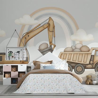 Kids-Mundo construction wall mural in a playroom with building blocks and a play mat.