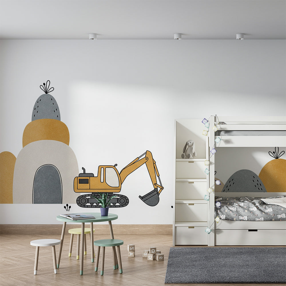 Kids-Mundo yellow excavator and rocky hills wall mural on a feature wall in a kids bedroom