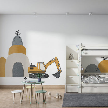 Kids-Mundo yellow excavator and rocky hills wall mural on a feature wall in a kids bedroom