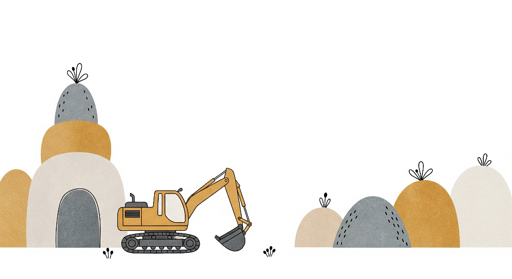 Kids-Mundo flat artwork of a yellow excavator digging among soft stylised rocky hills