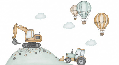 Kids-Mundo flat artwork of an excavator on a hill with a tractor and hot air balloons