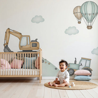 Kids-Mundo excavator and tractor wall mural with balloons in a calm baby nursery room