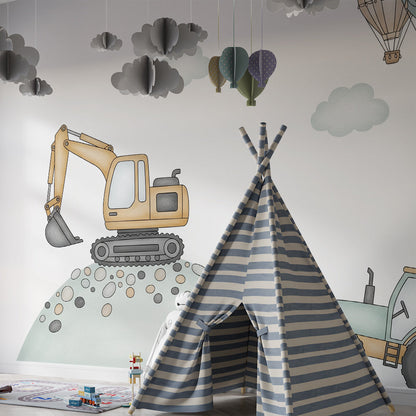 Kids-Mundo excavator and tractor wall mural brightening a playroom with soft balloons