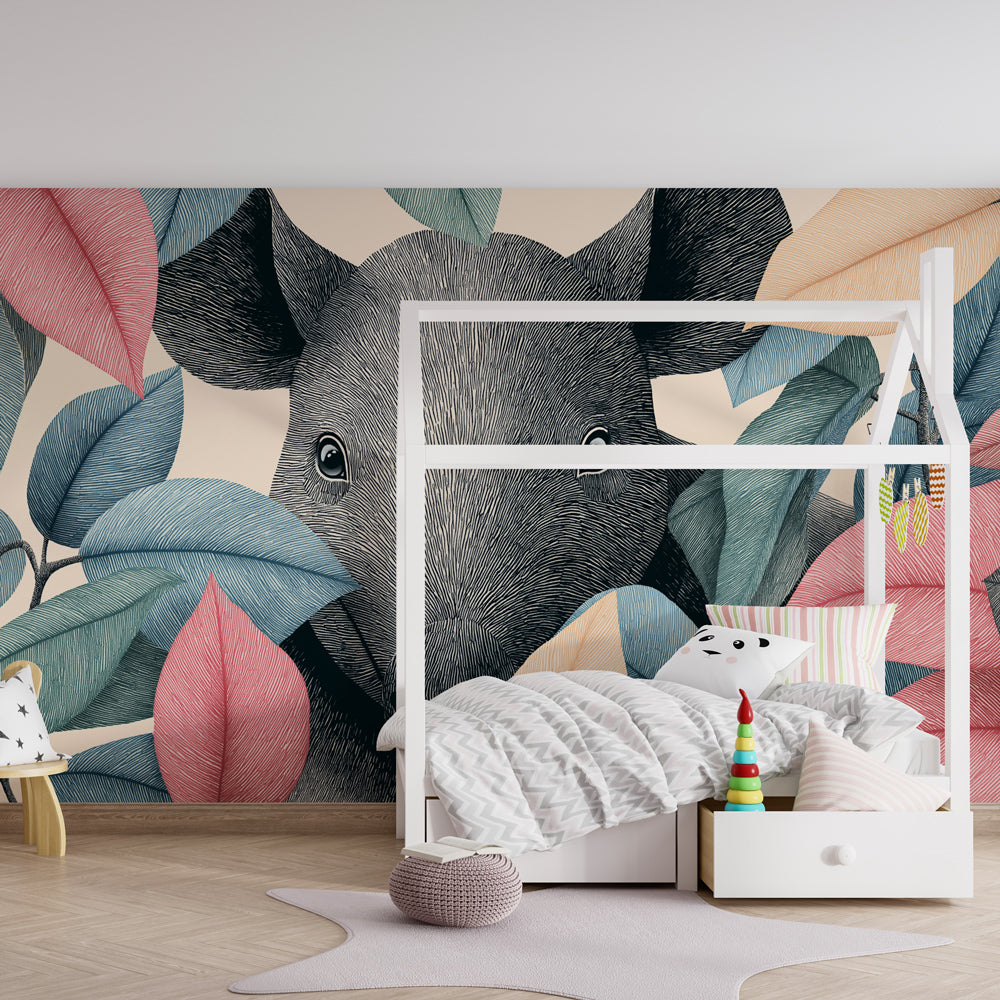 Jungle animals wallpaper creating adventurous kids bedroom decor with vibrant leaves