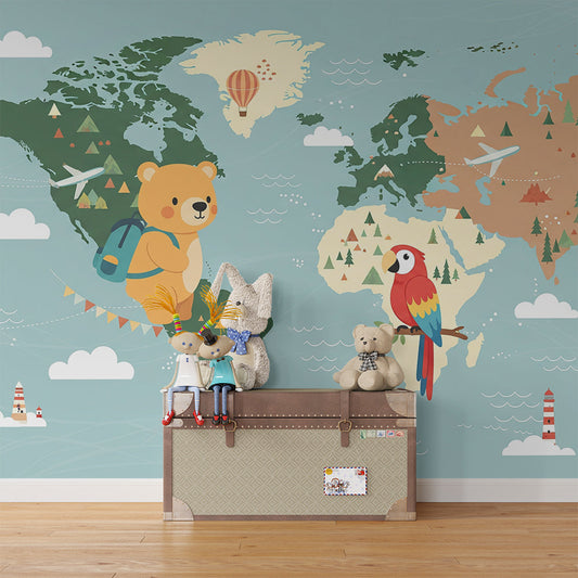 Kids-Mundo adventure world map mural covering a kids bedroom wall with explorer bear and hot air balloons