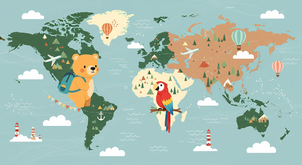 Colourful Explorer Bear World Map Wall Mural