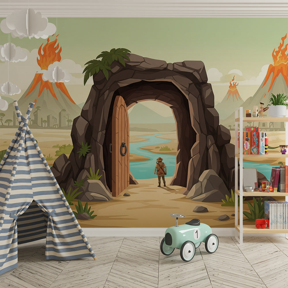 Kids-Mundo dinosaur savanna volcano mural covering a feature wall in a kids bedroom