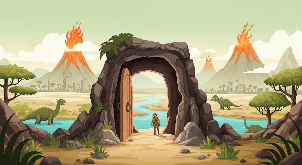 Kids-Mundo flat artwork preview of the explorer door volcano dinosaur mural design