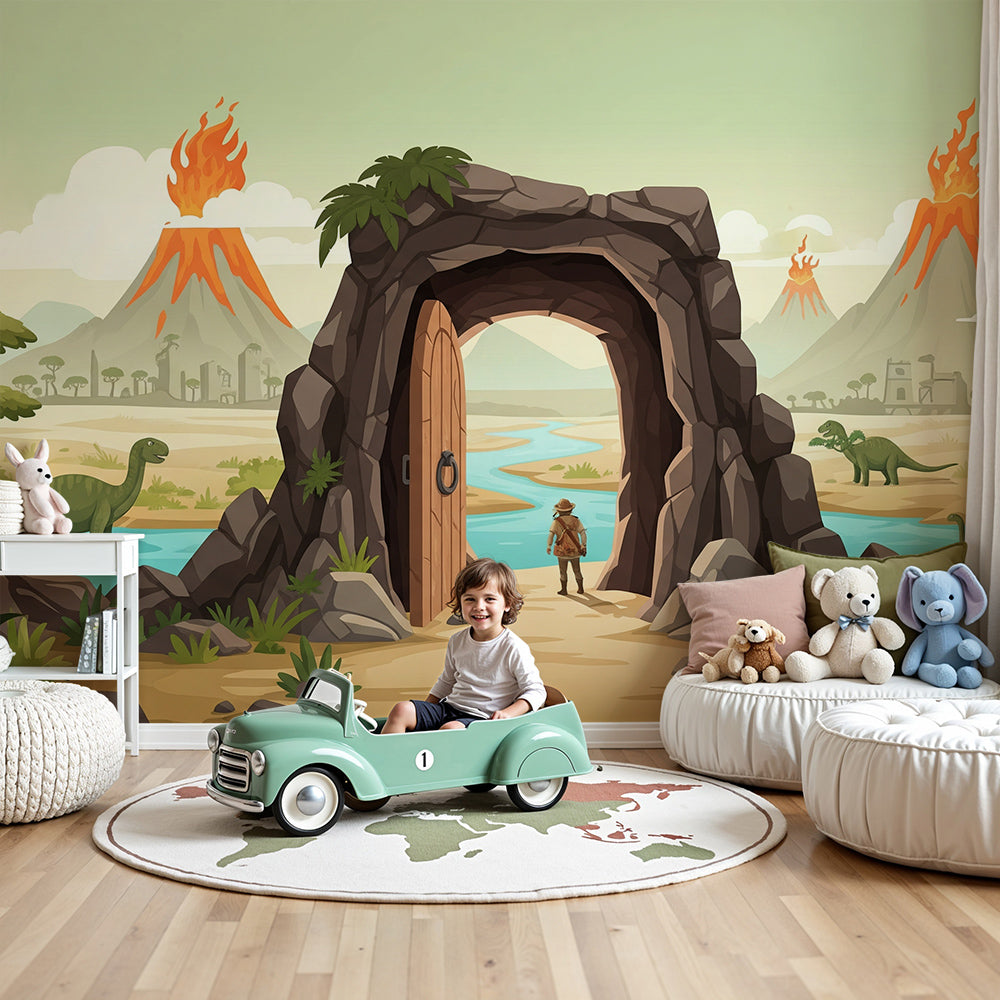 Kids-Mundo explorer volcano dinosaur wall mural in a warm adventure-themed nursery