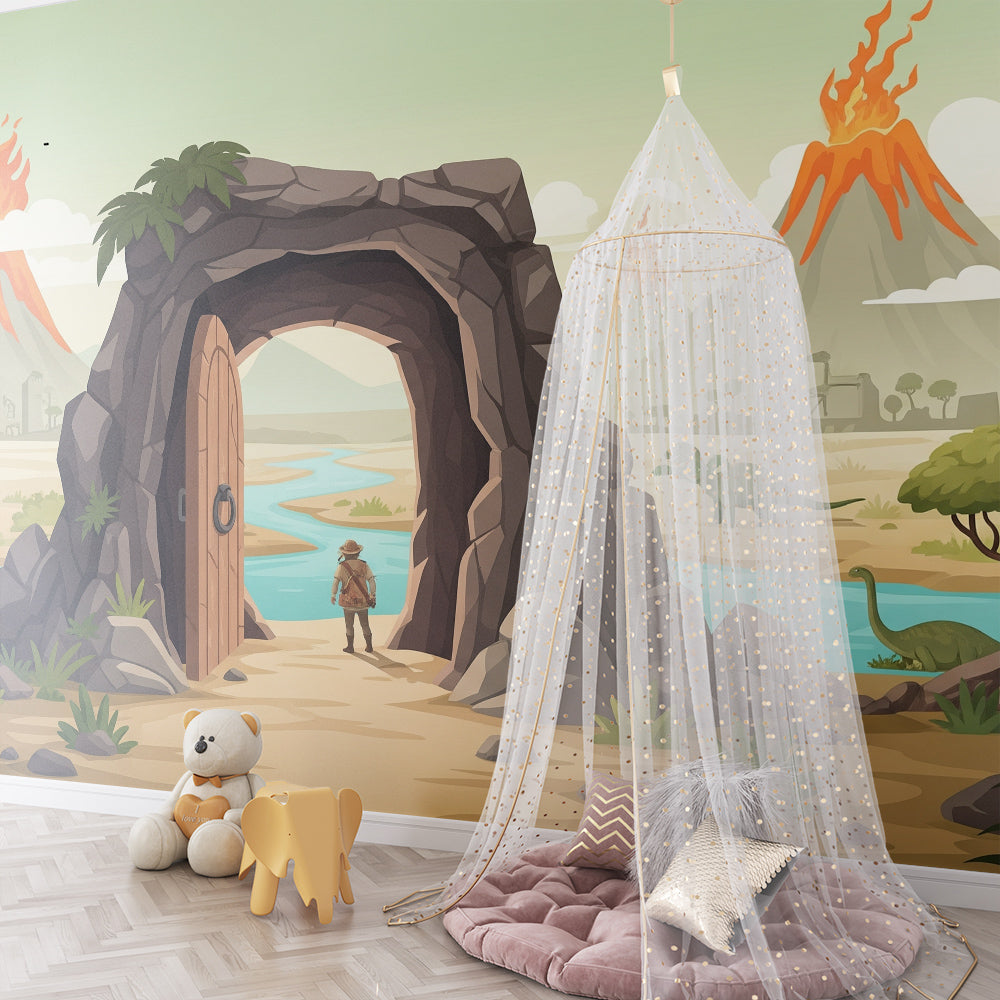 Kids-Mundo explorer door dinosaur mural brightening a playroom reading corner
