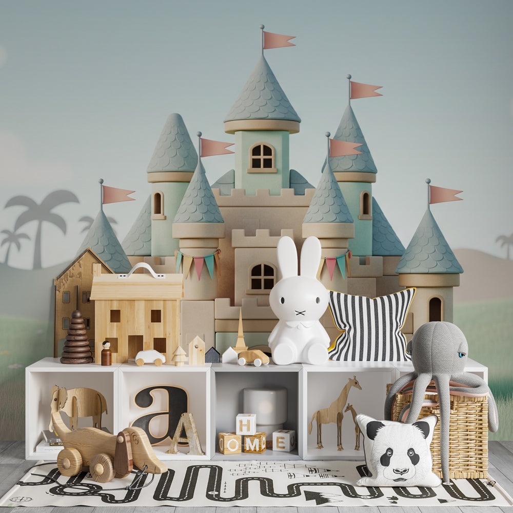Children's bedroom featuring fairy castle wallpaper with sparkling towers and colorful flags by Kids-Mundo