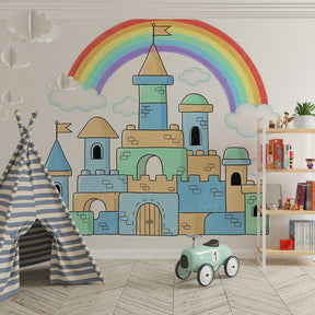 Rainbow castle wallpaper creating magical kids bedroom decor with soft blue tones
