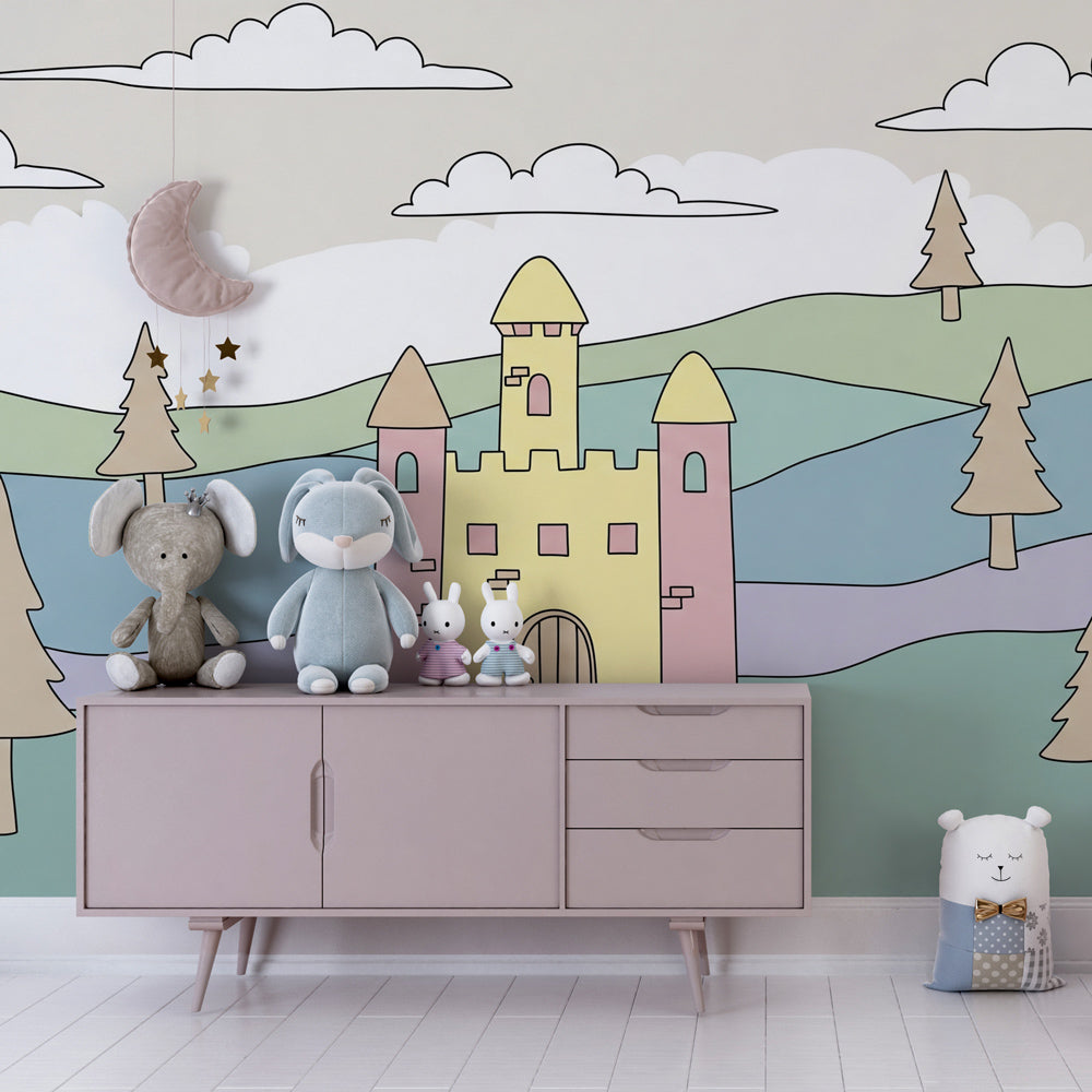 Magical castle wallpaper creating enchanting children's bedroom atmosphere with fairy tale theme