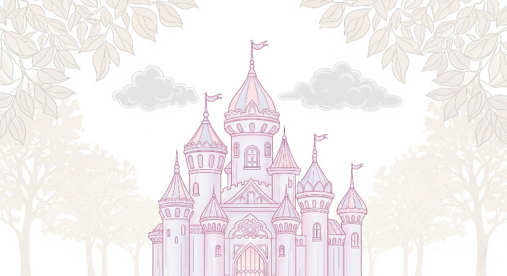 Detailed fairy castle mural wallpaper design pattern with pastel towers and cloud motifs by Kids-Mundo