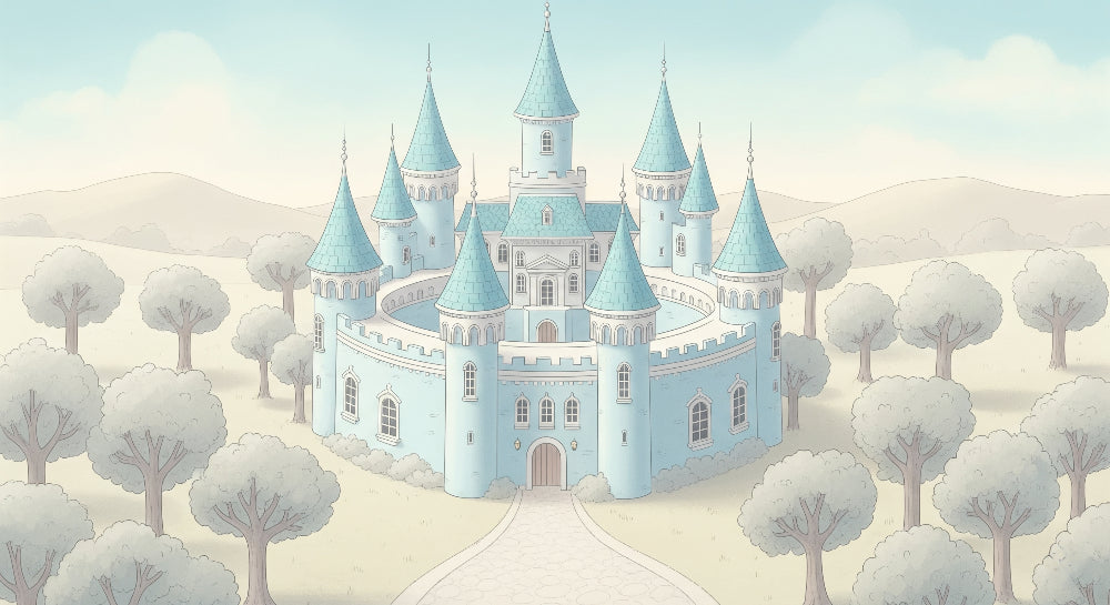 Detailed fairy castle mural wallpaper design pattern with blue turrets by Kids-Mundo