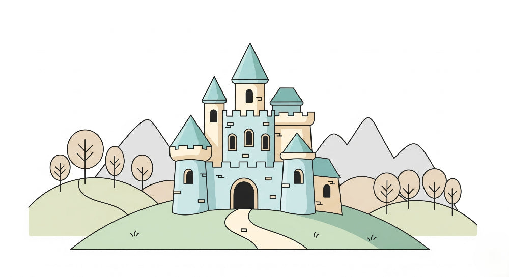 Detailed fairy castle mural wallpaper design pattern featuring blue castle and rolling hills by Kids-Mundo