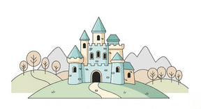 Detailed fairy castle mural wallpaper design pattern featuring blue castle and rolling hills by Kids-Mundo