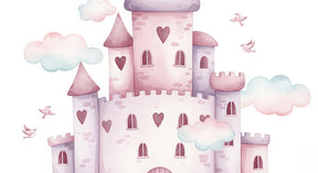 Detailed fairy castle mural wallpaper design pattern with pastel clouds by Kids-Mundo
