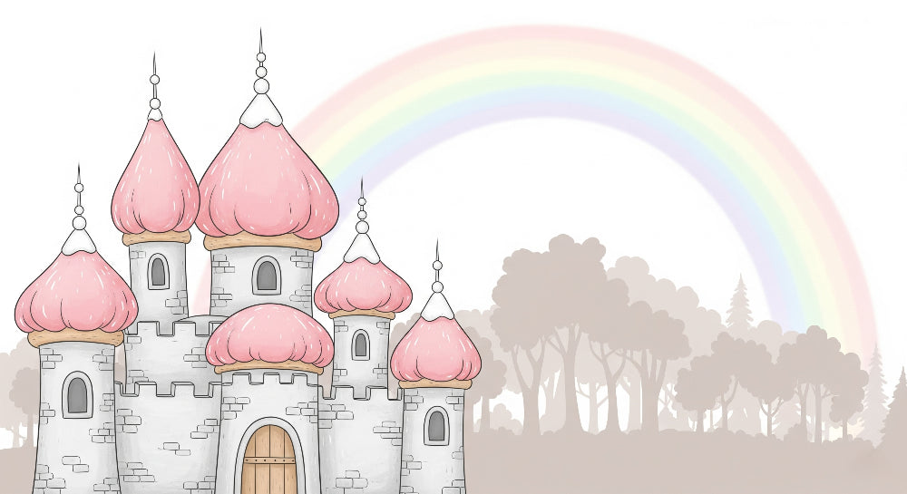 Detailed fairy castle and rainbow mural wallpaper design pattern by Kids-Mundo