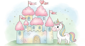 Detailed fairy castle and unicorn mural wallpaper design pattern with pink clouds by Kids-Mundo