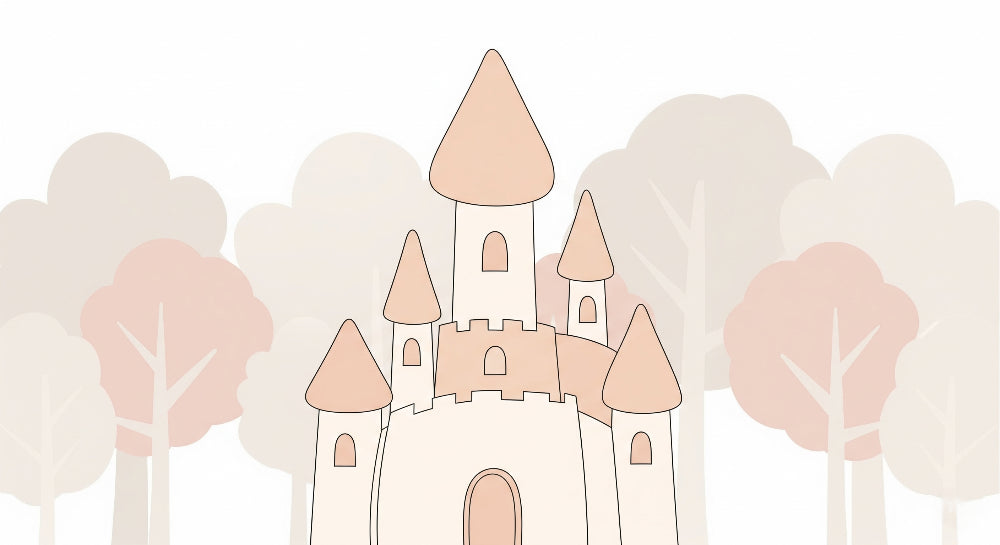 Detailed fairy castle mural wallpaper design pattern with pastel trees by Kids-Mundo