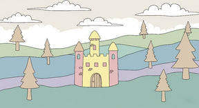 Detailed fairy castle mural wallpaper design pattern showing pink castle among stylized trees by Kids-Mundo