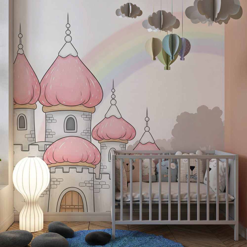 Pink castle wallpaper transforming children's bedroom into fairy tale kingdom by Kids-Mundo