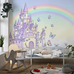 Magical castle wallpaper creating enchanted children's bedroom with rainbow and clouds