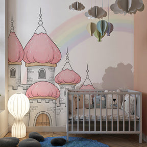 Pink castle wallpaper transforming children's bedroom into fairy tale kingdom by Kids-Mundo