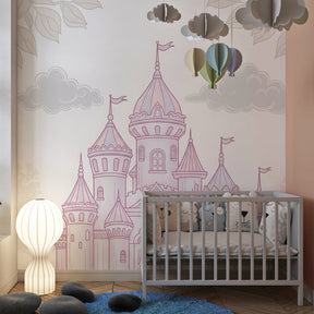 Princess castle mural wallpaper transforming children's bedroom into enchanted fairy tale space