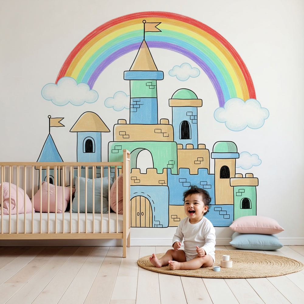 Fairy castle mural wallpaper with rainbow in modern nursery room by Kids-Mundo