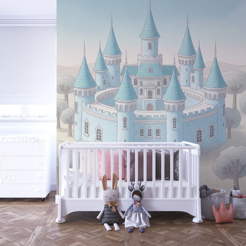 Enchanted castle wallpaper transforming nursery into storybook setting with blue turrets