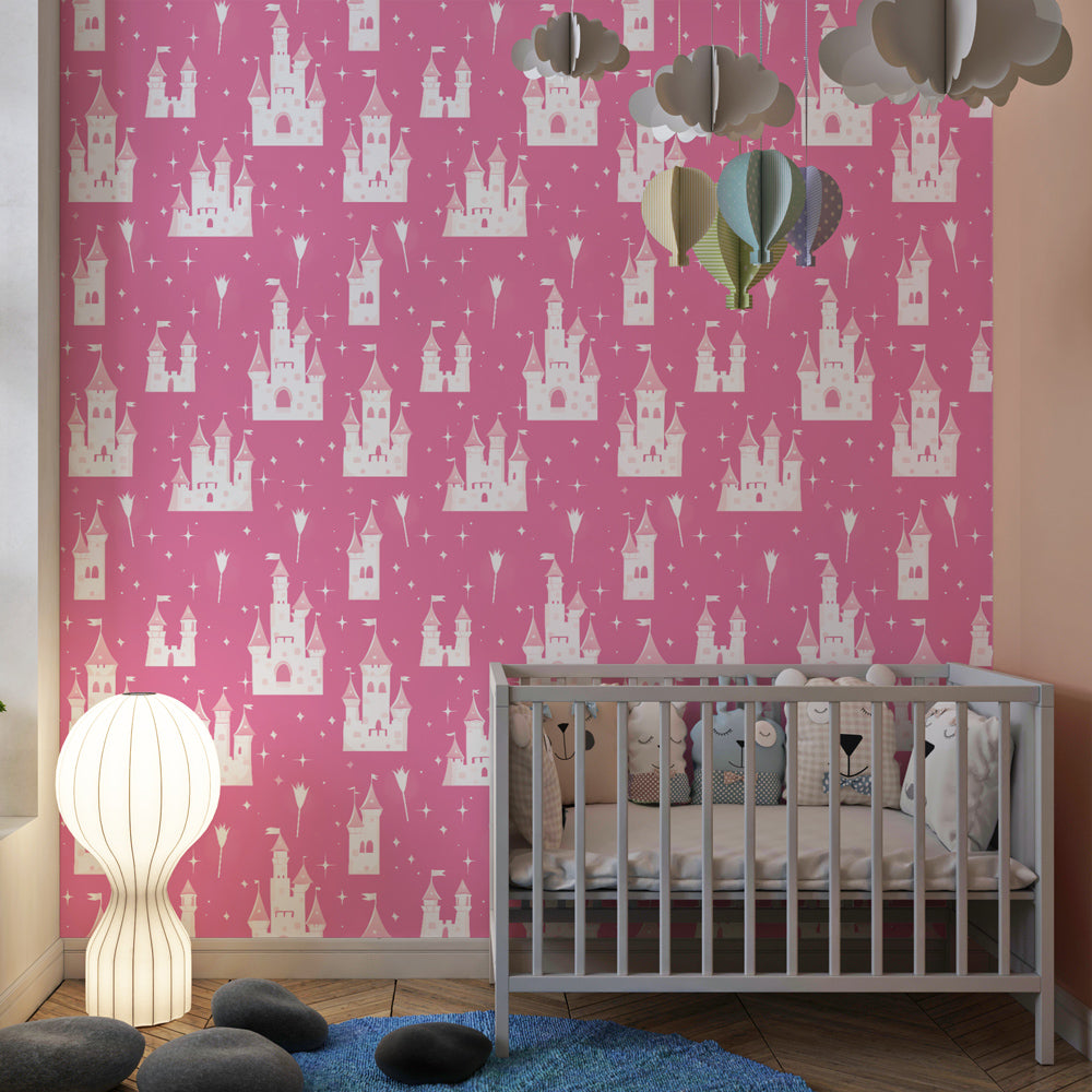 Pink castle wallpaper transforming nursery into enchanted kingdom with magical theme
