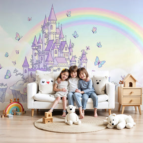 Fairy castle mural wallpaper with butterflies in bright nursery room by Kids-Mundo